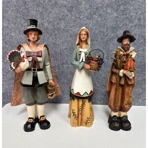 Thanksgiving Pilgrim Figurines Set of 3 Turkey Harvest Colonial Fall Decor 12"